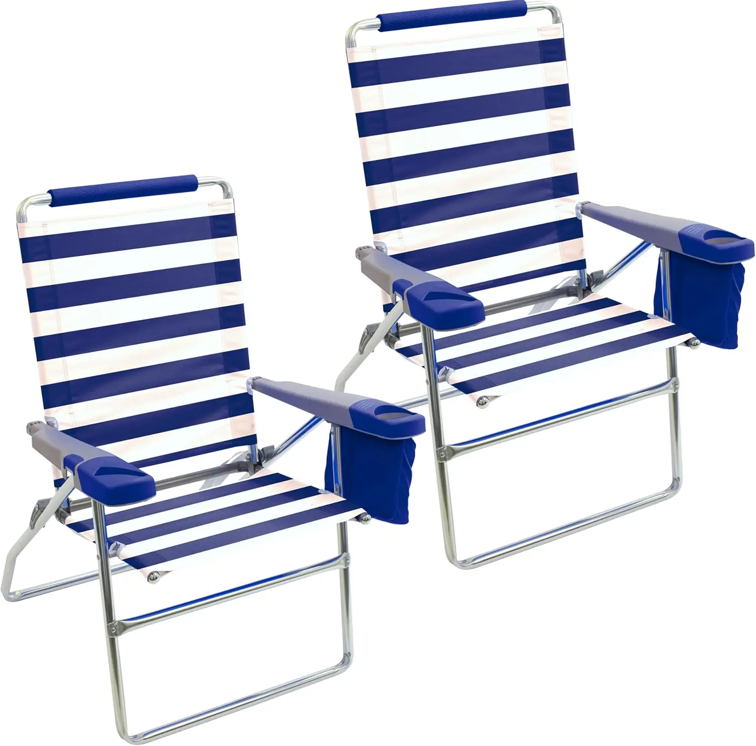 Set Of 2 Folding Beach Chairs With 17 Inch Extended Height, 4 Position Reclining Lawn Lounge Chair, Lightweight Portable Camping Chairs For Outside Outdoor Patio Pool Side, Blue White
