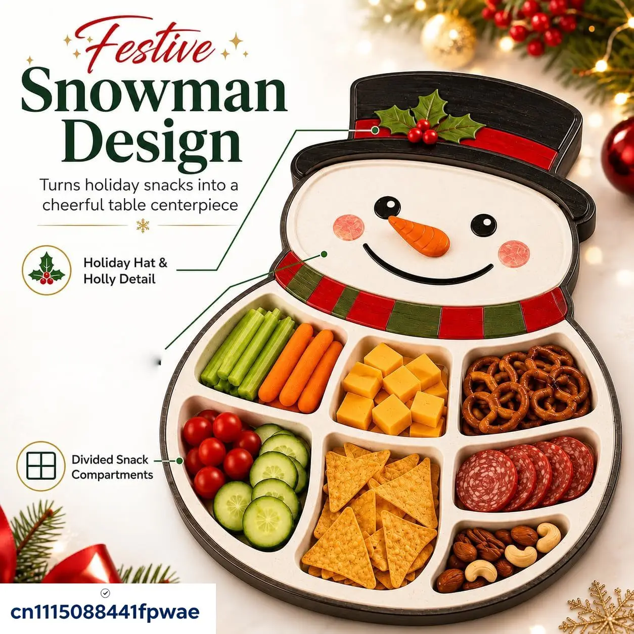 Christmas Snack Serving Tray, Divided Holiday Appetizer Platter with Festive Snowman Design, Multi-Section Snack Organizer