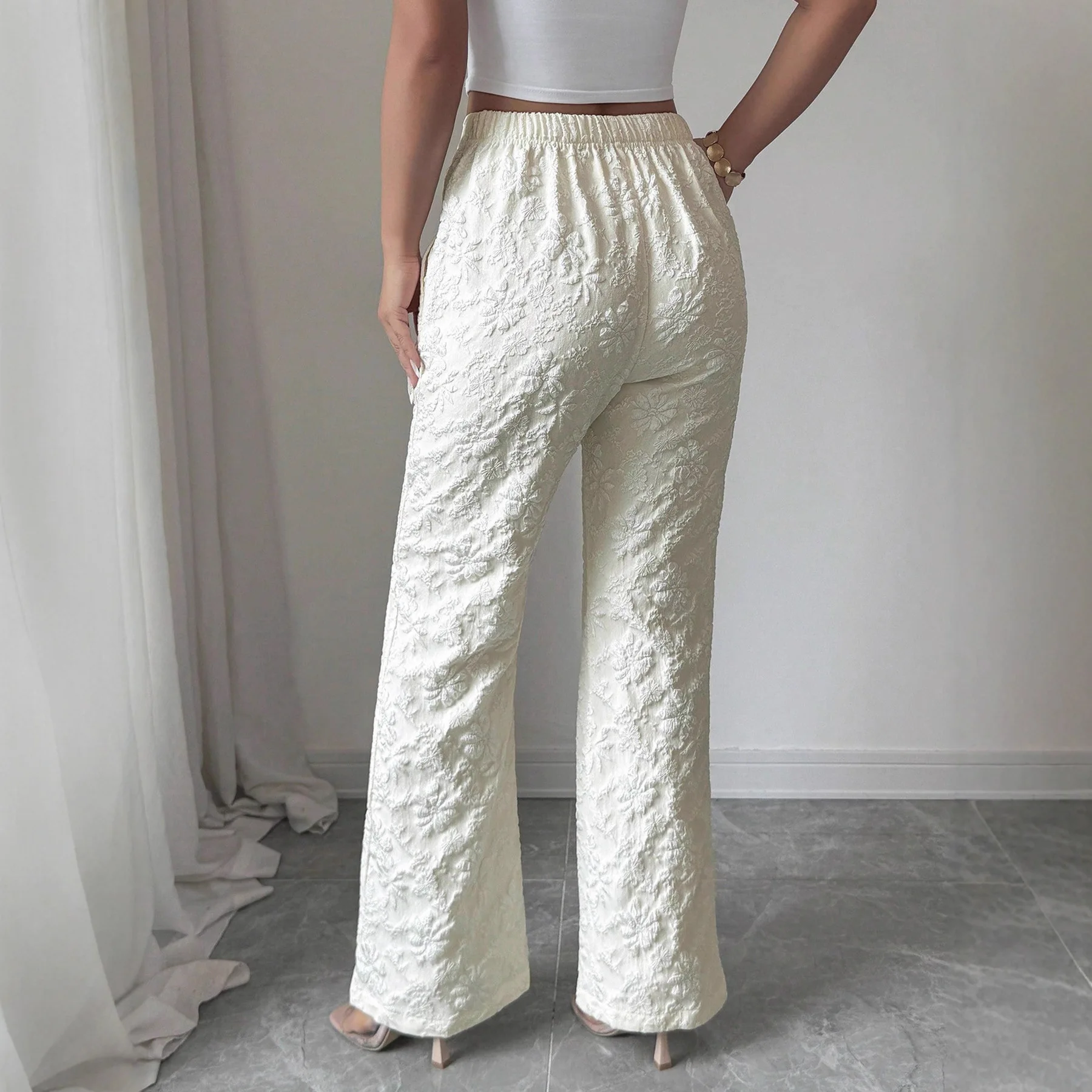 Women's Apricot Wide Leg Pants 3D Floral Embossed High Waist Flared Pants Elegant Casual Spring Summer Vacation Office Trousers