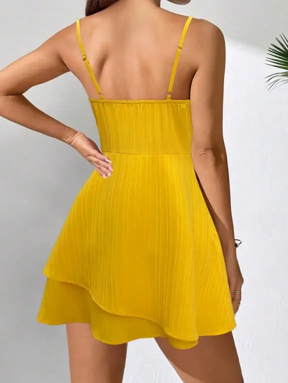 

2025 Summer Solid Color V-Neck Bow Decoration Slim Fit Layered Ruffle Hem Dress with Suspender, Women's Elegant A-Line Dress