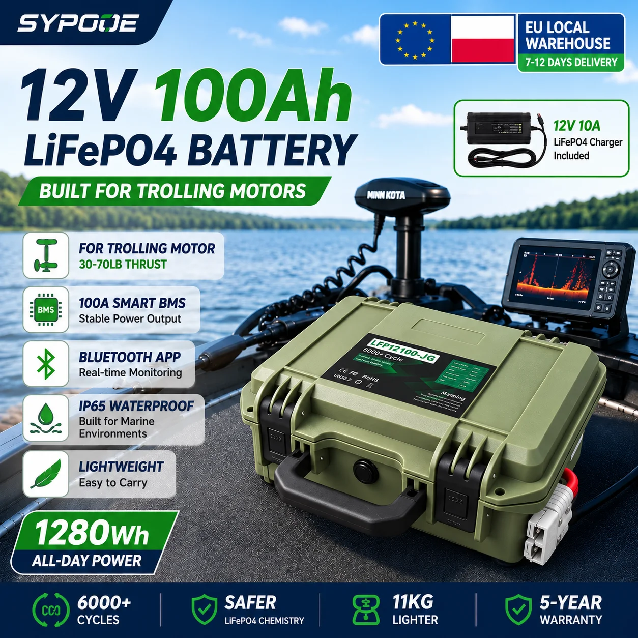12V LiFePO4 Battery 100Ah 140Ah For Fishing Rubber Boat Trolling Motor Fish Finder 6K Cycles Bluetooth BMS Portable Battery Pack