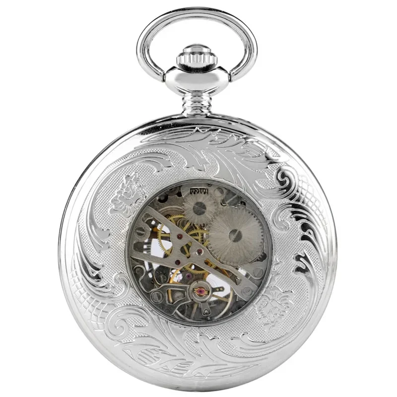 Luxury Silver Mechanical Pocket Watch Unisex Hand Winding Roman Numerals Display Pendant Chain Skeleton Clock Souvenir Gifts