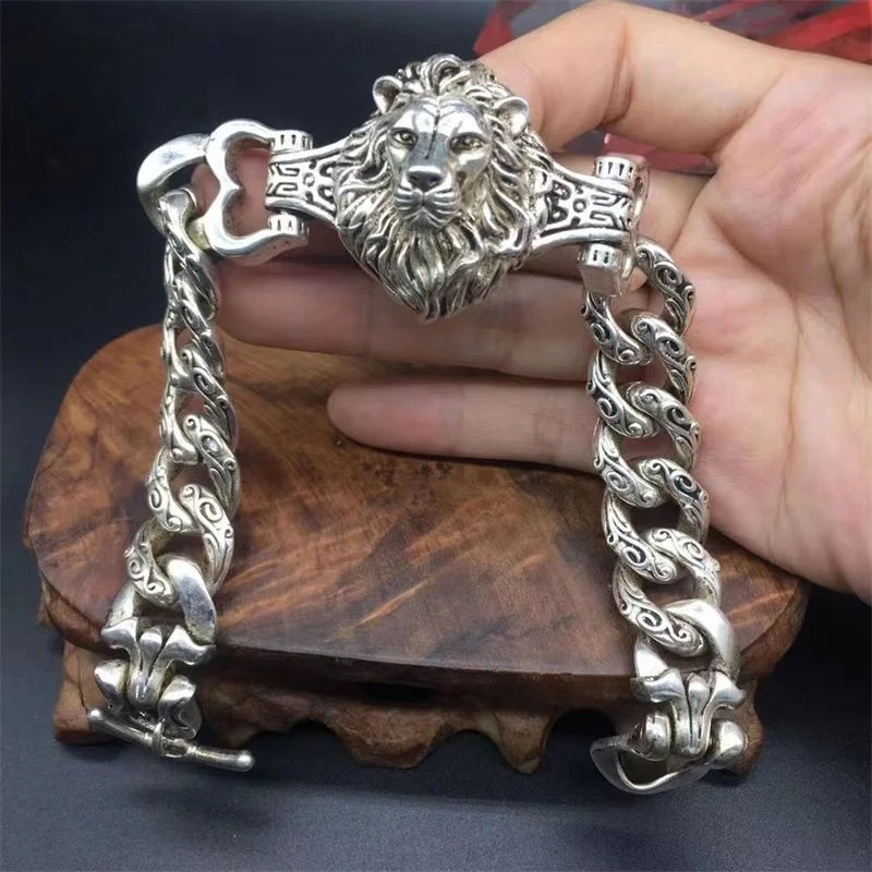 Little Fairy/ Tibetan Silver Domineering Lion Head Lucky and Evil Bracelet  Men and Women Personalized Jewelry Couple Gift