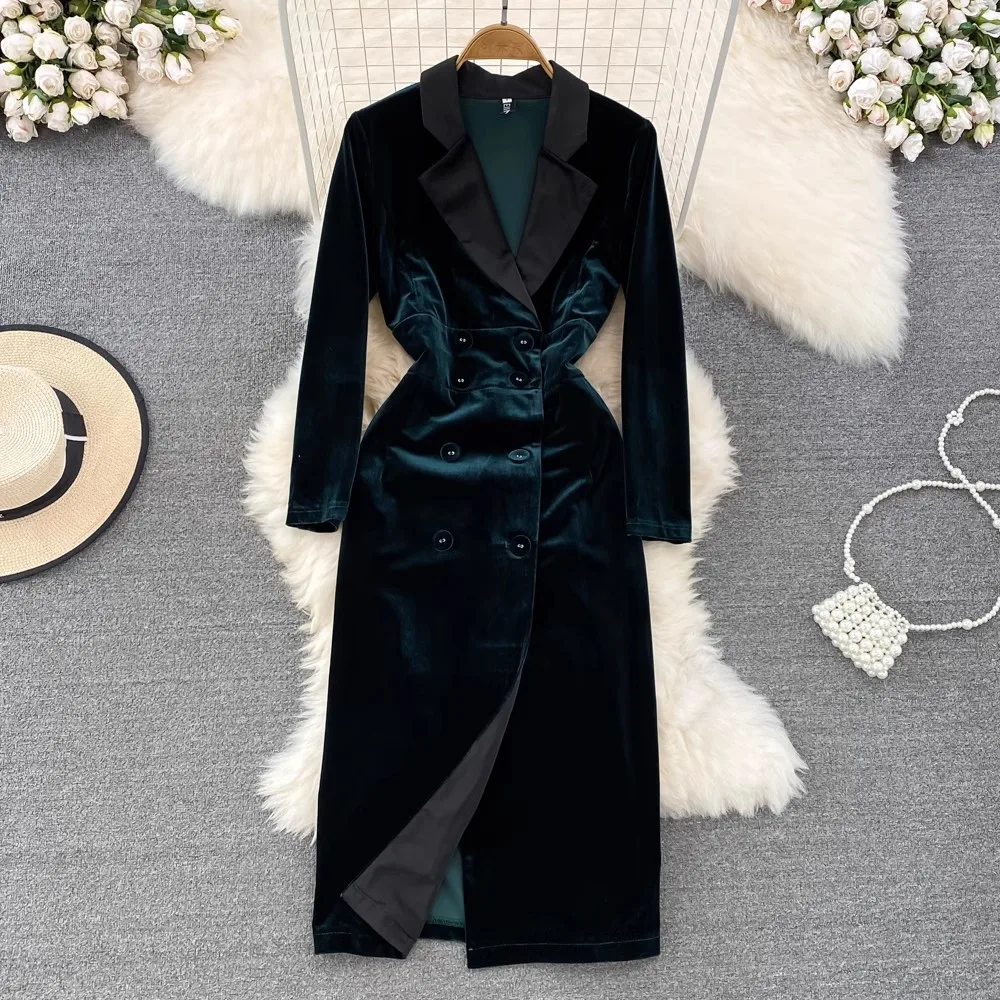 

2023 New Velvet Dress Autumn Winter Women Costume Women Long Sleeve Turn Down Collar Double Breasted Belt Casual Party Dresses