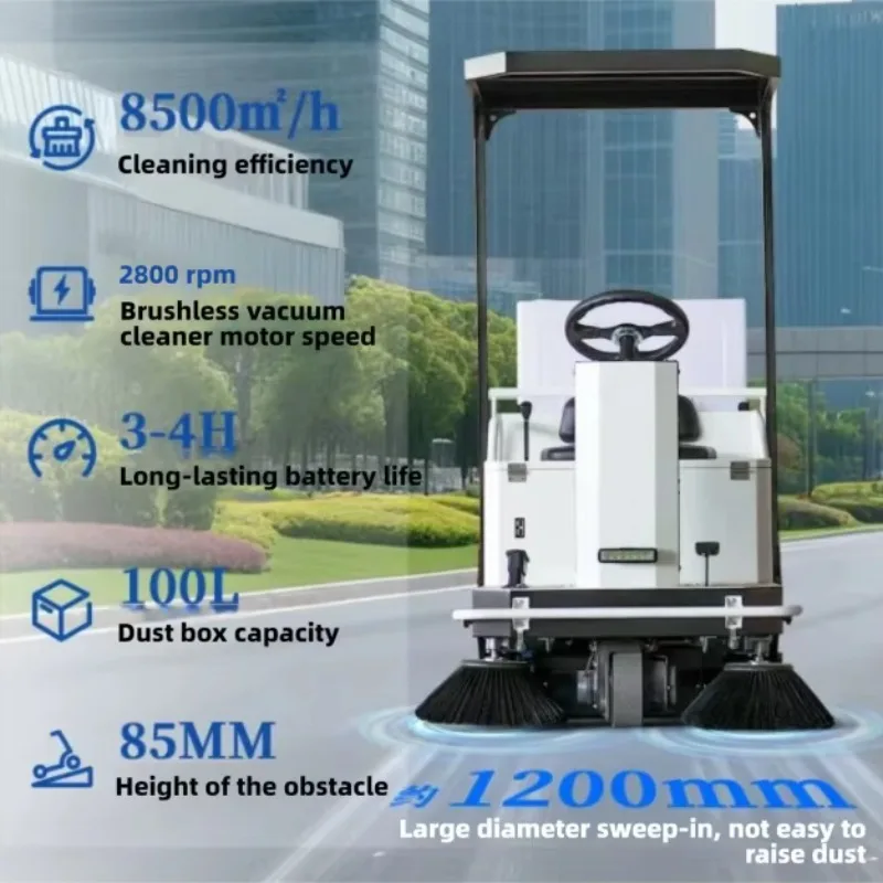 EXW Ride On Floor Sweeper Road Cleaning Machine Industrial Parking Lot Sweeper 1250mm 100L Hopper