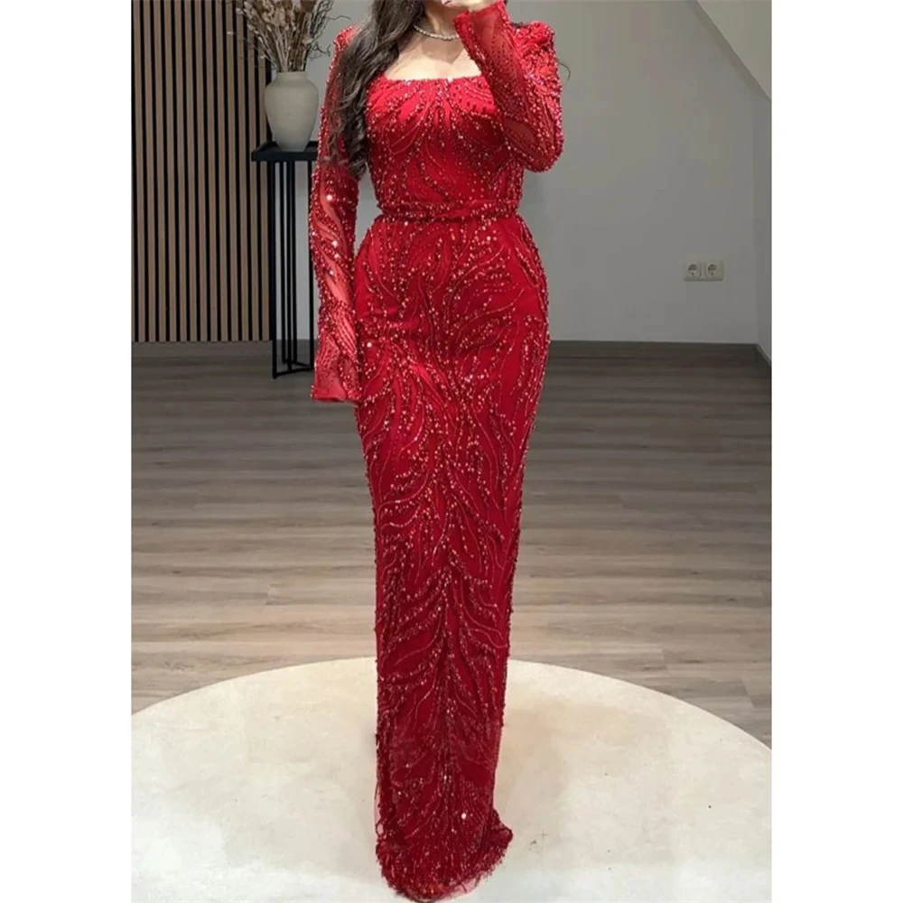 Navy Blue Evening Dress Customized Beading Lace Long Sleeve Square Neck Luxury Party Dress Straight Floor Length Prom Gowns