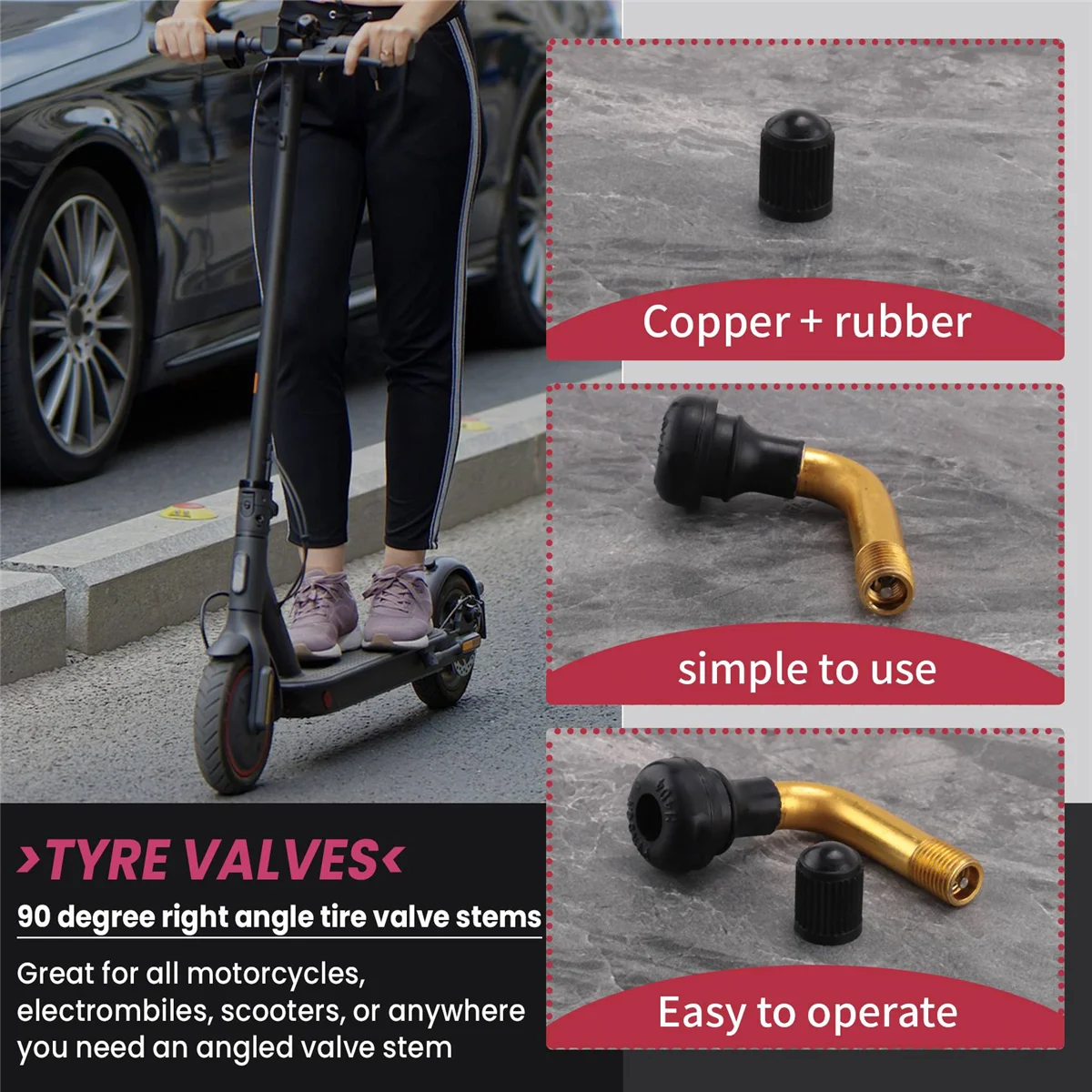 4Pcs Tyre Valves Stem Right Angle Snap-in Rubber 90 Degree Brass for Electric Scooter and M365 Electric Scooter