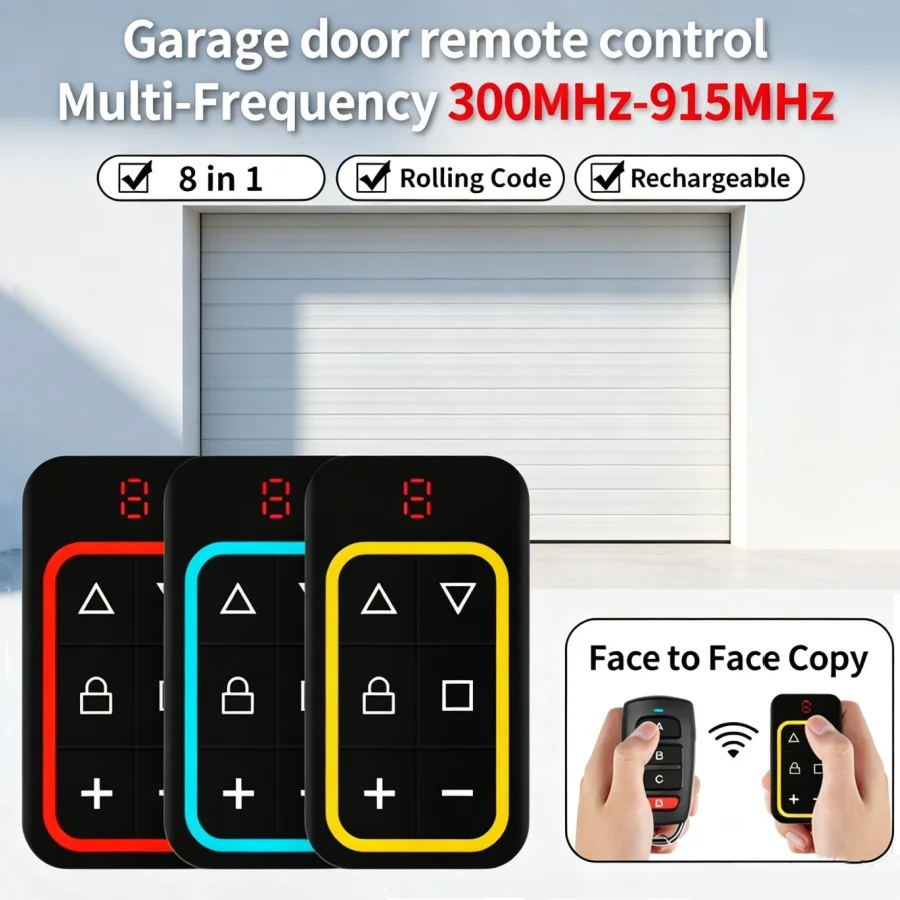 8 Channels Universal Garage Remote Rechargeable Gate Key Duplicator Clone Multi-frequency Garage Door Controller 300-915Mhz 