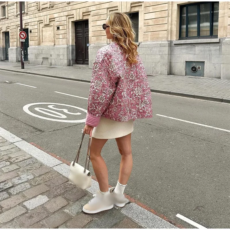 2024 Women Sweet Pink Floral Print O-neck Cotton Coats Fashion Single Breasted Full Sleeve Oversized Jackets Lady Chic Outerwear