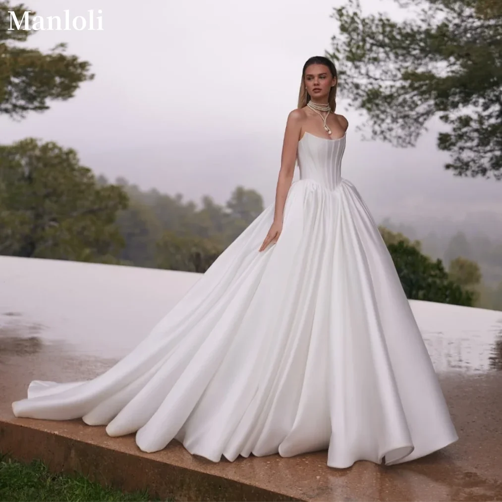 

Manloli Simple Satin Strapless Wedding Dress Sweetheart Sleeveless A-line Pleat Bride Dress Robe Customization