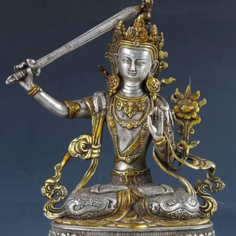 Chinese Silver Copper Gilt Handwork Carved Bodhisattva Manjusri Statue