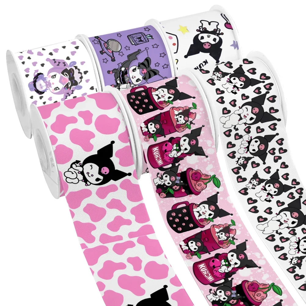 Sanrio Cartoon Black Kuromi Character Pattern Design Printed Grosgrain Satin Ribbon for Gift Wrapping Hair Bow 50 Yards