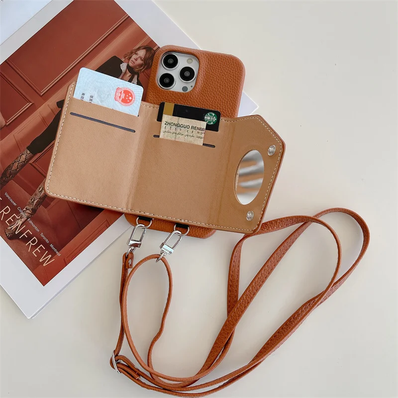 Trendy Crossbody lanyard leather wallet case for iPhone 16 17 15 16Pro 14 15pro 11 13 Pro Max 12 13pro makeup mirror phone bag