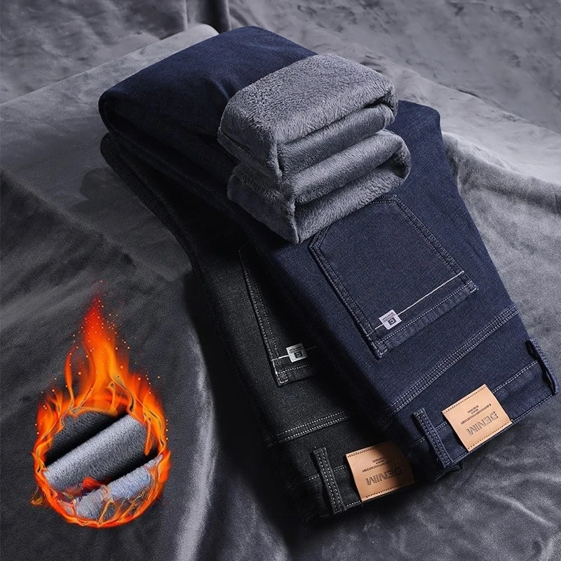 Men's Fleece Jeans Winter Thick Warm Cotton Slightly Stretch Business Straight Leg Trousers Daily Fashion Versatile Casual Pants
