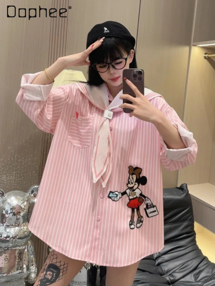 

Sweet Style Shawl Shirt for Women 2024 Early Spring New Loose Mid-Length Cartoon Embroidered Long Sleeve Pink Striped Shirt