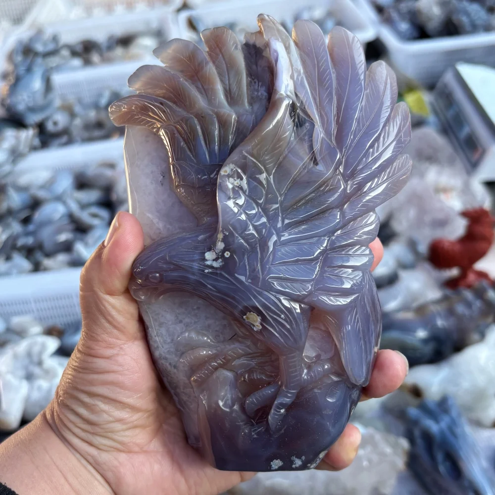 Natural Agate Geode Hand Carved Eagle Figurine Quartz Crystal Hawk Statue Reiki Healing Home Feng Shui Decor Gift