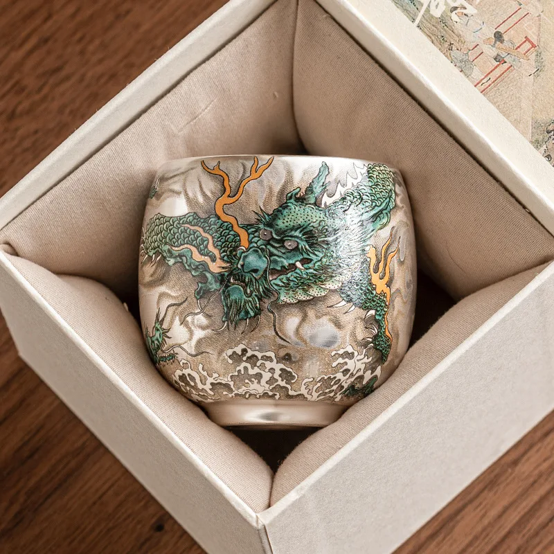 Silver‑Plated Azure Dragon Teacup, Luxury Chinese Kung Fu Master Tasting Cup, Single Personal Tea Cup with Gift Box