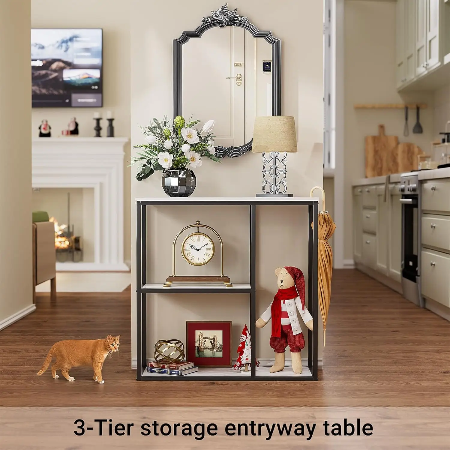 Modern Industrial Console Table, 31.5 Inch Narrow Entryway Sofa Table with 3-Tier Storage Shelves, White Marble Top