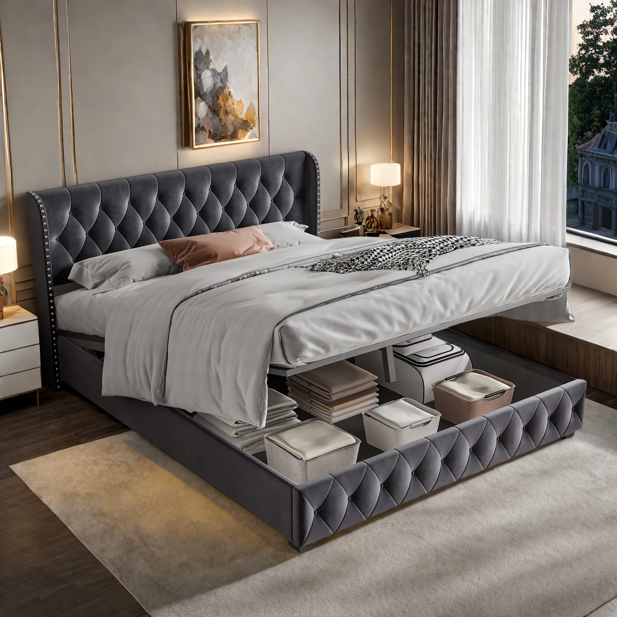 Rosahqnda Lit hydraulique avec sommier à lattes et tête de lit sommier avec grand espace de rangement pour adultes et adolescents