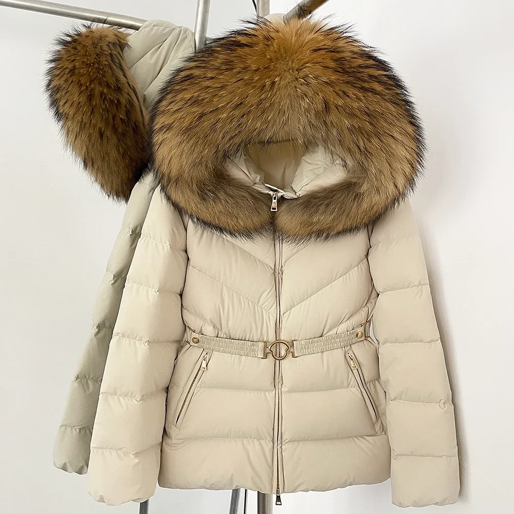 Abrigo de plumón de pato blanco para mujer, chaqueta ajustada con capucha con cuello de piel de zorro Real, Top de invierno para mujer, abrigo de piel de mapache grueso y cálido
