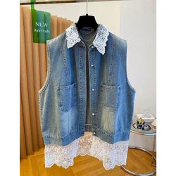 Polo-neck Waistcoats for Women 2026 Loose Single-breasted Casual Sleeveless Cardigans Lace Patchwork Denim Coats Women Tops