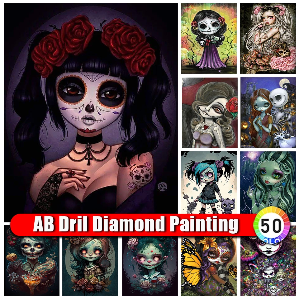 

Zipper Bag DIY AB Diamond Painting Halloween Girl Skull Full Cartoon 5d Diamond Embroidery Cross Stitch Kit Rhinestone Picture