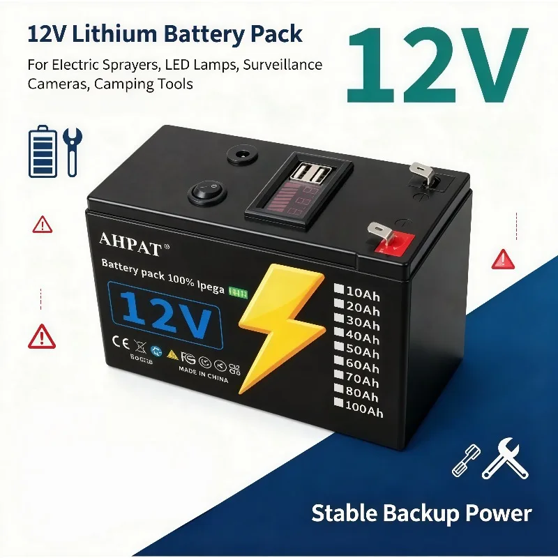 Outdoor Camping 12V Lithium Battery Pack 10‑100Ah Portable Power Supply For LED Light Spray Device Camera