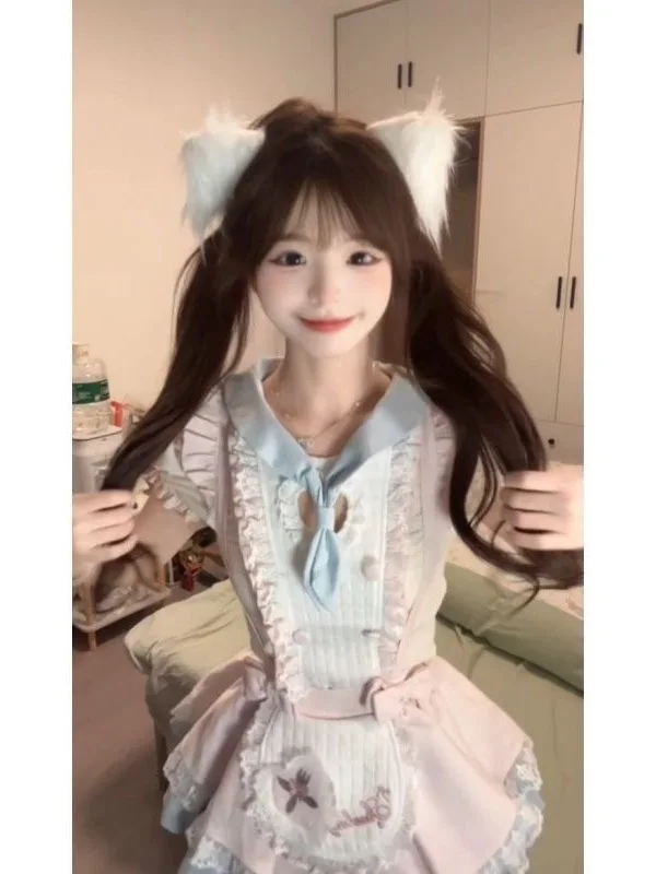 

Cute Pink Bowknot Doll Collar Puffy Sleeve Set with Overalls Soft Girl Style Two-Piece Summer Fashion Women's Clothing