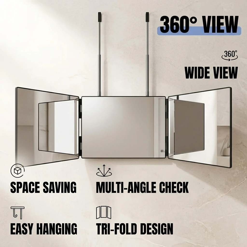 Travel Foldable Tri-Fold Vanity Mirror 360° View Height Adjustable Hanging Hook Mirror for Makeup Self Haircut Hairstyle Styling