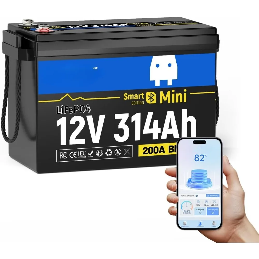 

12V 314Ah Lithium LiFePO4 Battery Mini with Bluetooth 5.0 BMS 200A, 4.01kWh Energy, Upgraded Aluminum Cooling Fins