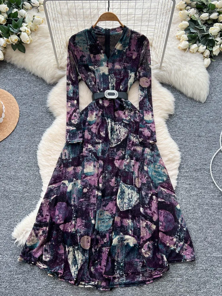 Ele V-ne con cintura lunga Sve stampa floreale Dr Gonna lunga drappeggiata dimagrante da donna Gonna a trapezio a vita alta in fibra di poliestere