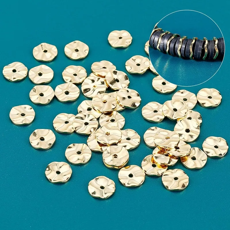 18K Gold Plated Spacer Beads 50pcs Flat Round Loose Beads Brass Wavy Disc Beads for DIY Bracelets Necklaces Earrings Jewelry