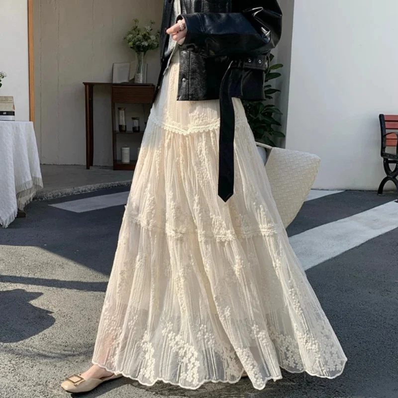 French Chic Mid Long Skirt Womens Crochet Lace Skirt Goth Lolita Spring Summer High Waisted Embroidery Ruffle Pleated Skirts rok