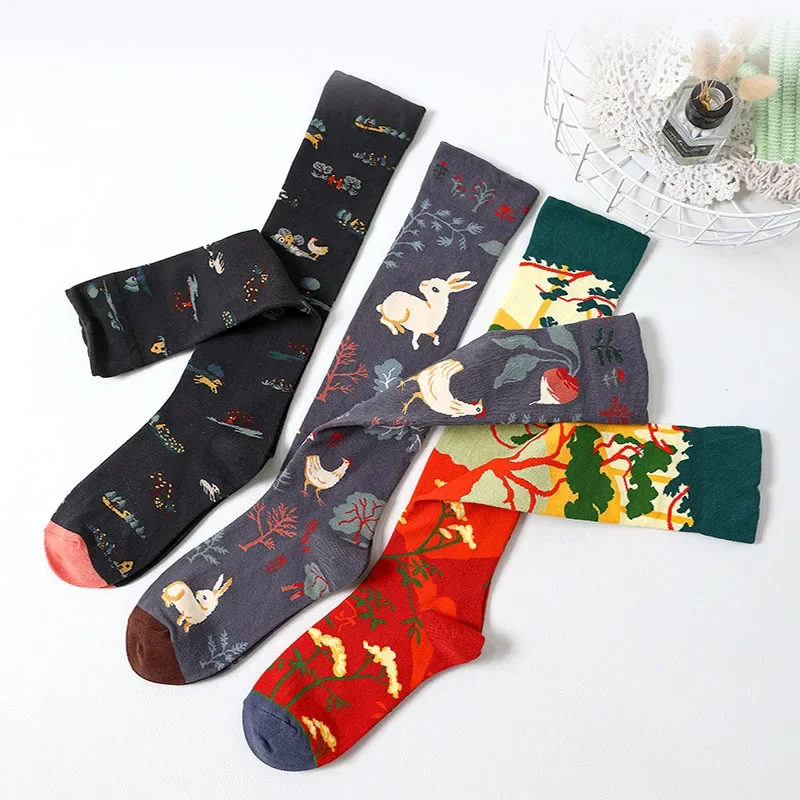 Medium and high tube calf and knee socks French ins style retro illustration literary abstract street fashion cotton socks