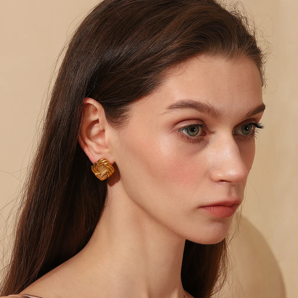 E.B.belle New Vintage Style Square Cat Eye Stone Stud Earring 18K Gold Plated Stainless Steel Fashion Women Chic Jewelry