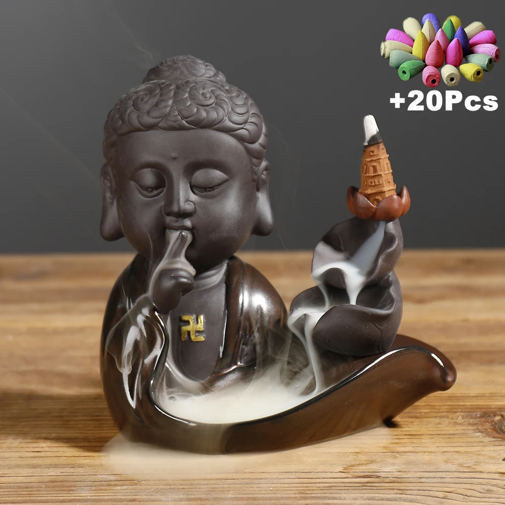 +20Cones Zen Buddha Statue FengShui Ornaments Handmade White Porcelain Incense Stick Holder Incense Aromatherapy