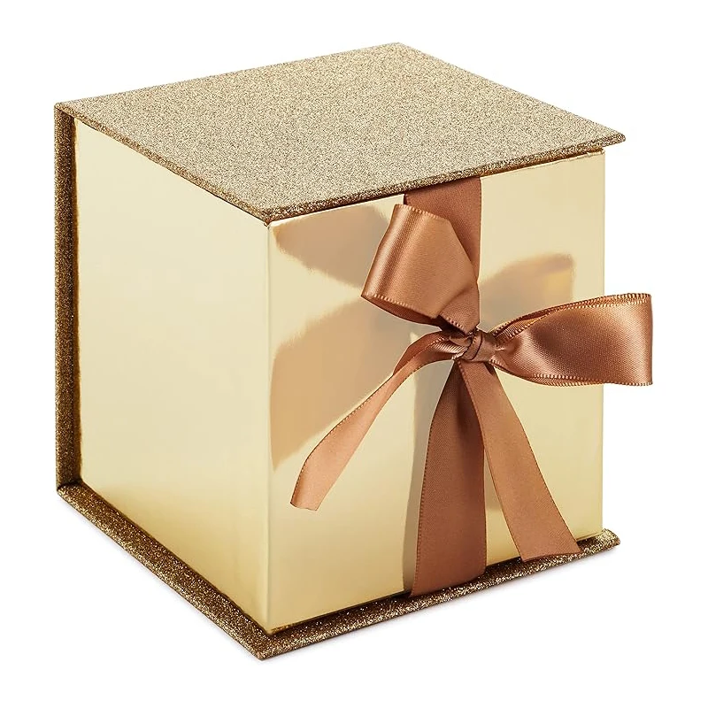 

Small Gift Box with Bow and Shredded Paper Fill (Gold Signature 4 inch Gift Box with Glitter) for Weddings, Graduations, Bridal