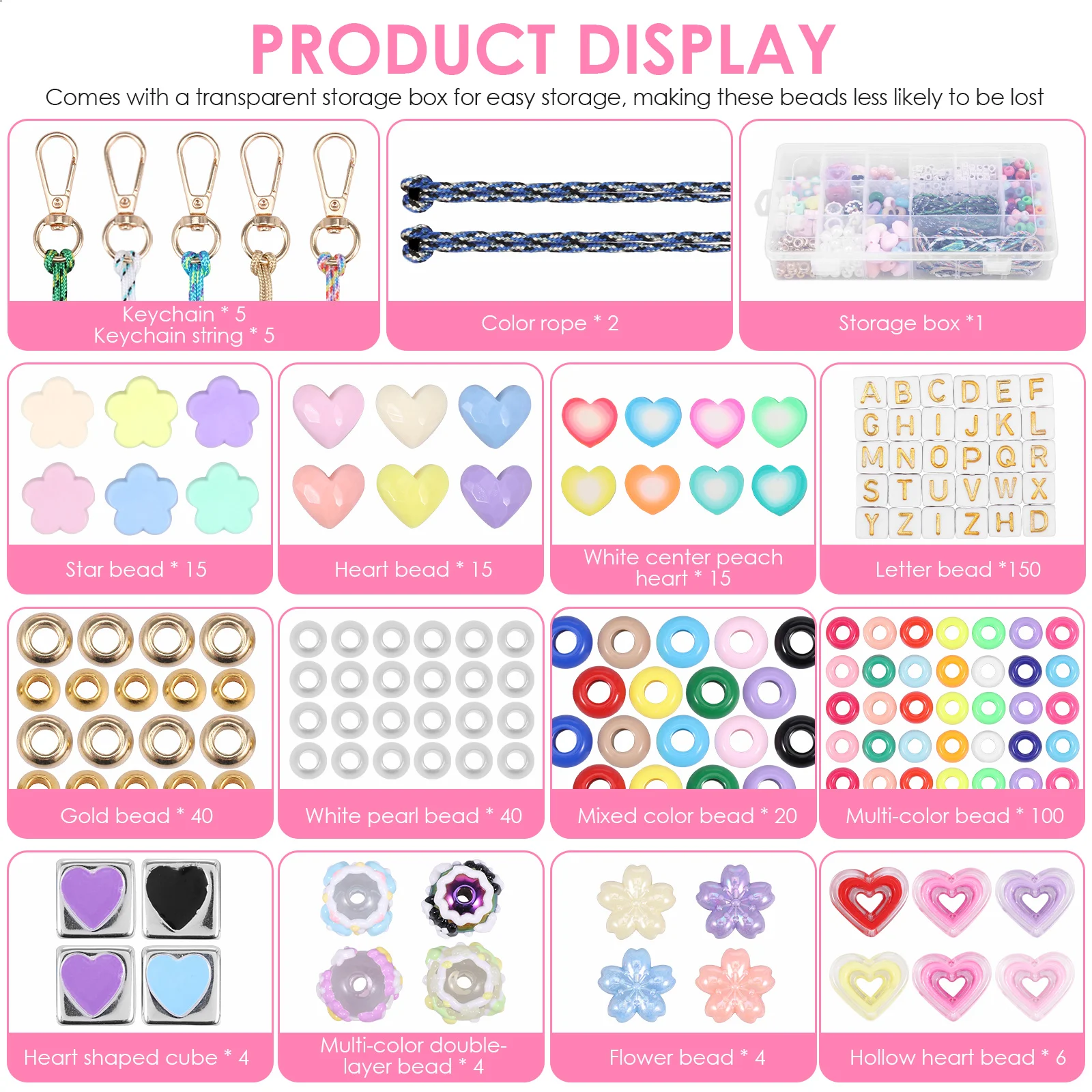 421PCS Beaded Keychain Making Kit for Women Acrylic Heart Flower Star Letter Bag Beads DIY Key Chain Charm Supplies Crafts view 5