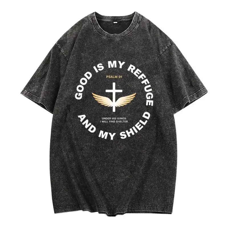 

Vintage Christian T Shirt Men Women God Is My Refuge And My Shield Psalm 91 Graphic Tee Religion Streetwear Oversized Tops