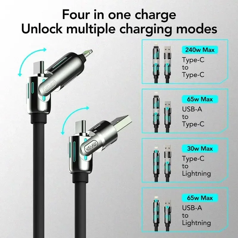 USB、Type C، Lightning-Max 240W شحن سريع ومزامنة البيانات MFISH 4-in-1 كابل شحن USB متعدد الوظائف لهاتف iPhone 16/15، iPad #6