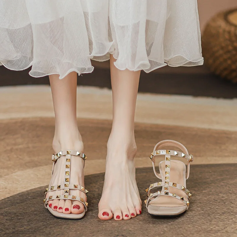 Studded Sandal women 2024 summer new influencers fashion fairy style with skirt with Roman heels