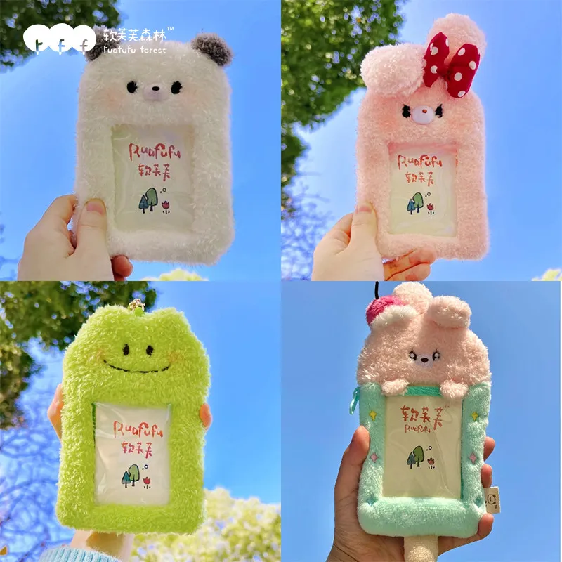Kawaii Plush Kpop Photocard Holder, Winter Warm Clear Photo Sleeve ID Card Cover Student Bag Hanging Keychain for Idol Cards