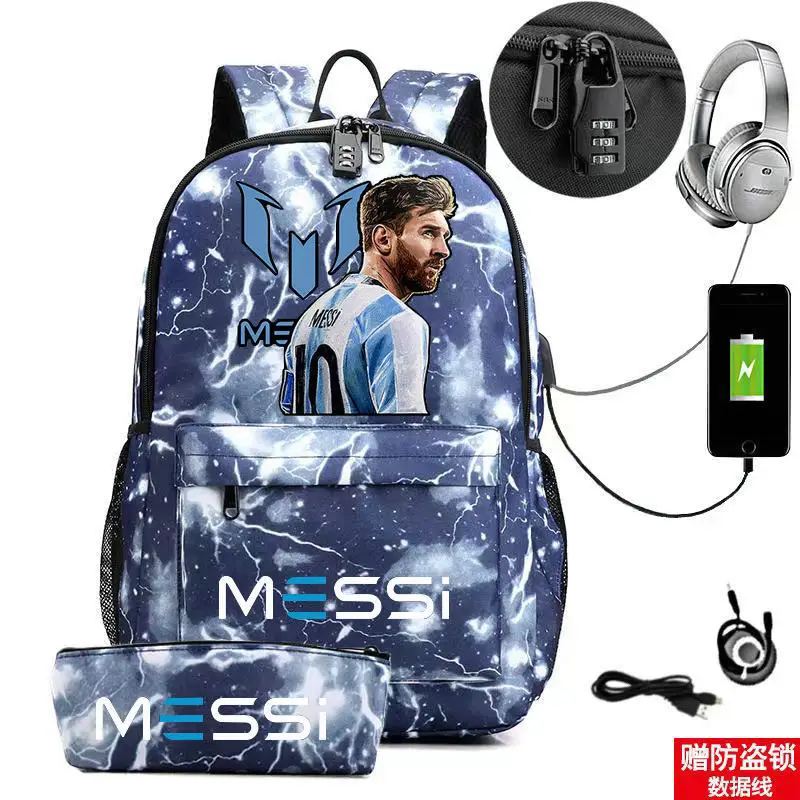 Mochila de Messi para hombre y mujer, morral escolar de dibujos animados para ordenador portátil, 2 piezas