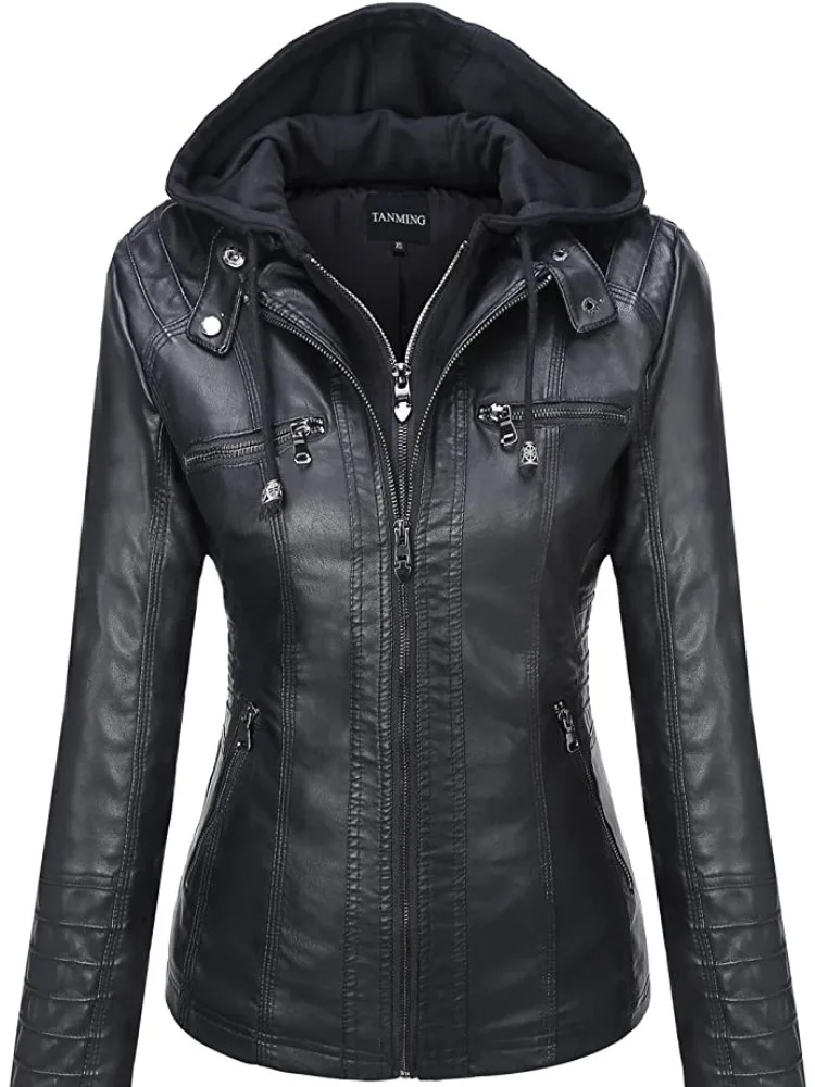 Hooded Leather Jacket Two-Piece Set Removable Large Size Leather Jacket for Women Spring Fall Outwear Women Pu Washed Leather