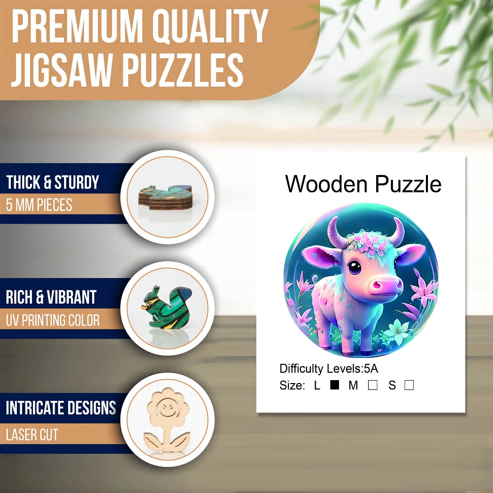 Cow Wooden Puzzle for Jigsaw lover, Uniquely Irregular Animal Shape Puzzles Wooden Toys, Christmas Birthday Gift Home Decor