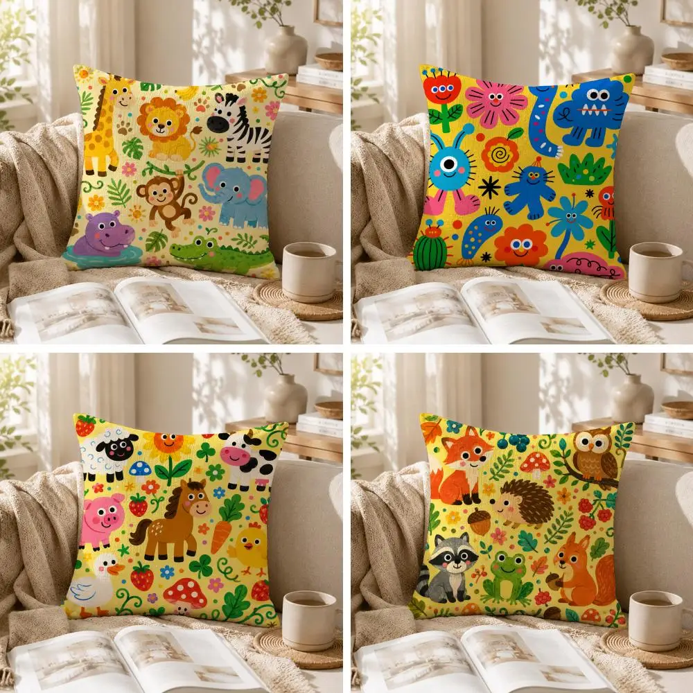 Colorful Cute Animals Cushion Cover Summer Coolness Linen Organic Fabric Sofa Pillow Case Double-Sided Printing Home Decor