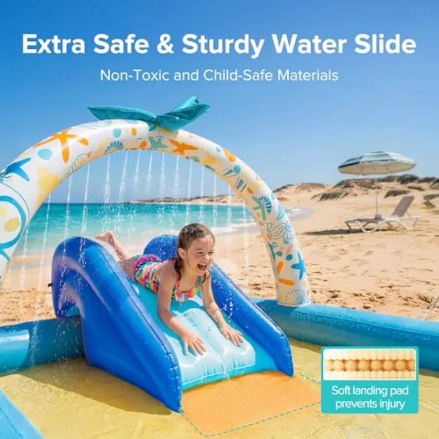 Kiddie Pool with Slide Inflatable Play Center for outdoor water play, PVC material, blue-white color, extra-large 95''x75''x40' view 3