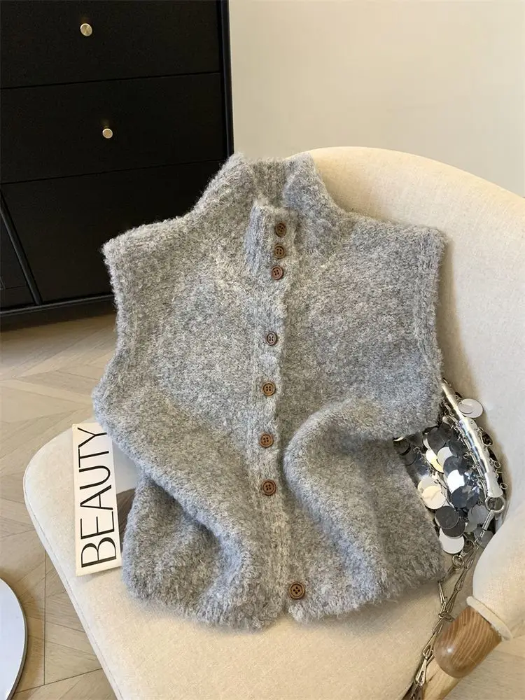 

High Necked Solid Color Knitted Single Breasted Sweater Vest Chaleco Mujer Crop Top Autumn Winter Vintage