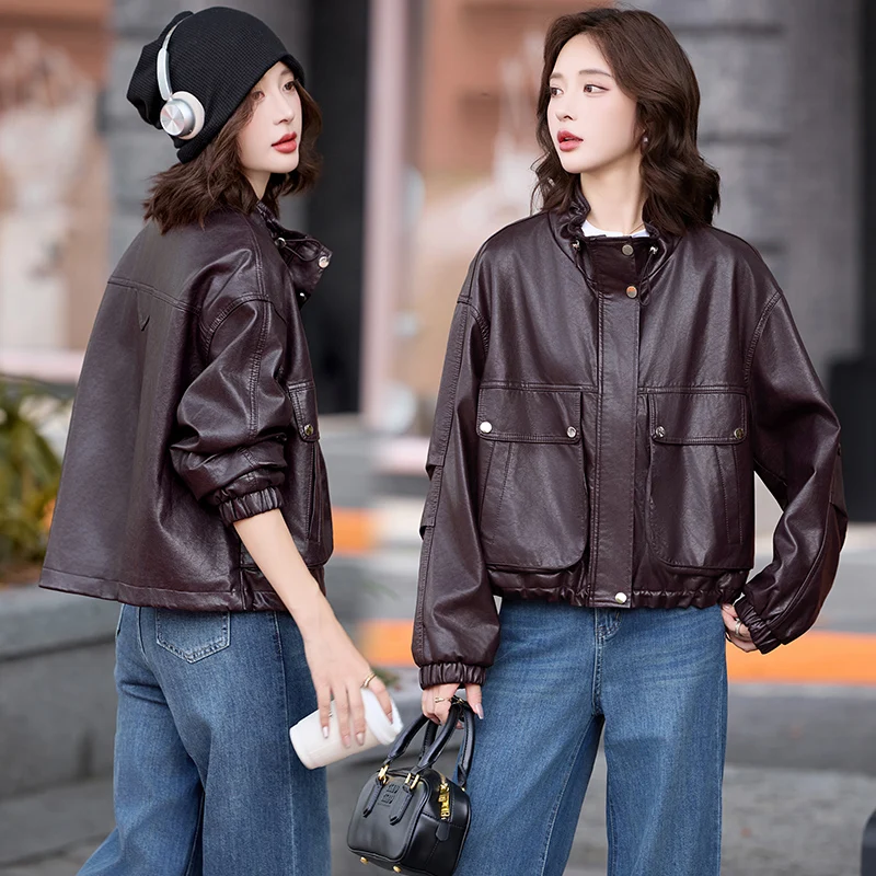 

Куртка женская демисезонная из искусственной кожи 2026: укороченная, повседневная, с воротником-стойкой, большими карманами, свободного кроя, в уличном стиле, верхняя одежда из ПУ