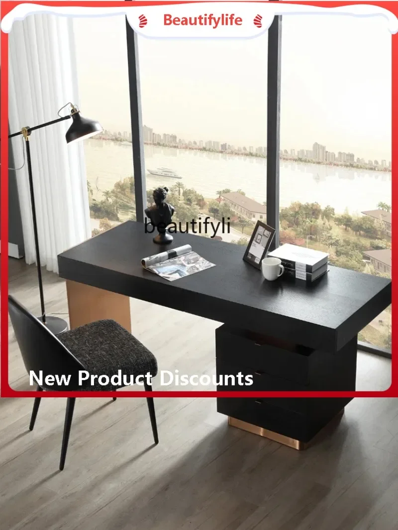 Post-Modern Light Luxury Stainless Steel Simple Study Smoked Wood Model Room Villa Italian Minimalist Desk